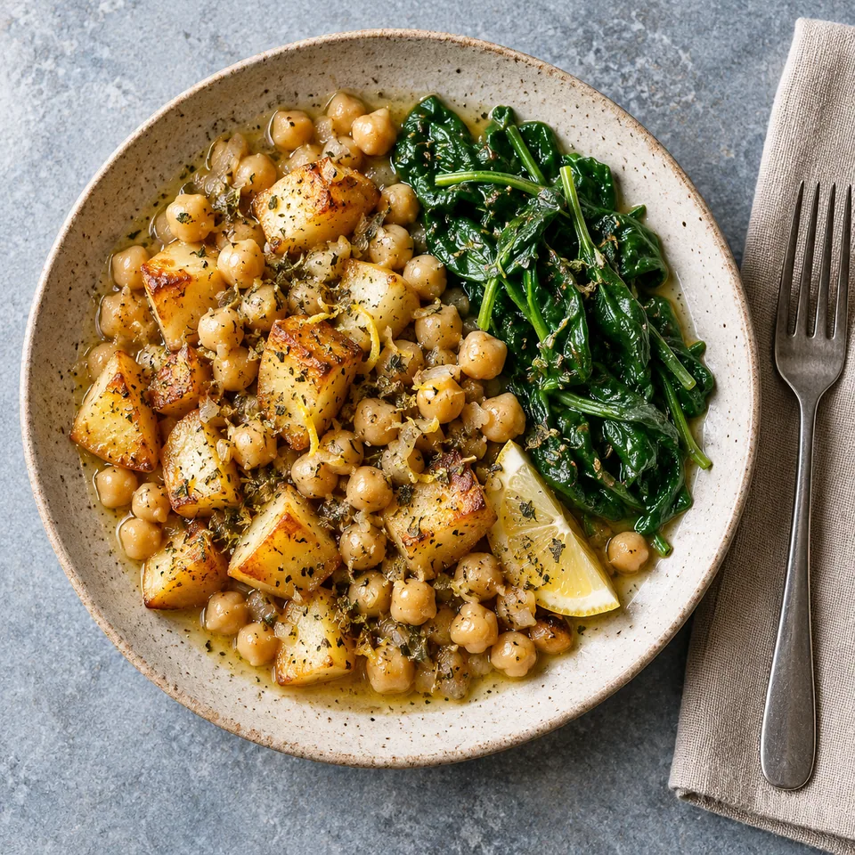 Assiette de Revithada : pois chiches fondants, pommes de terre rôties dorées et épinards verts sur grès beige.