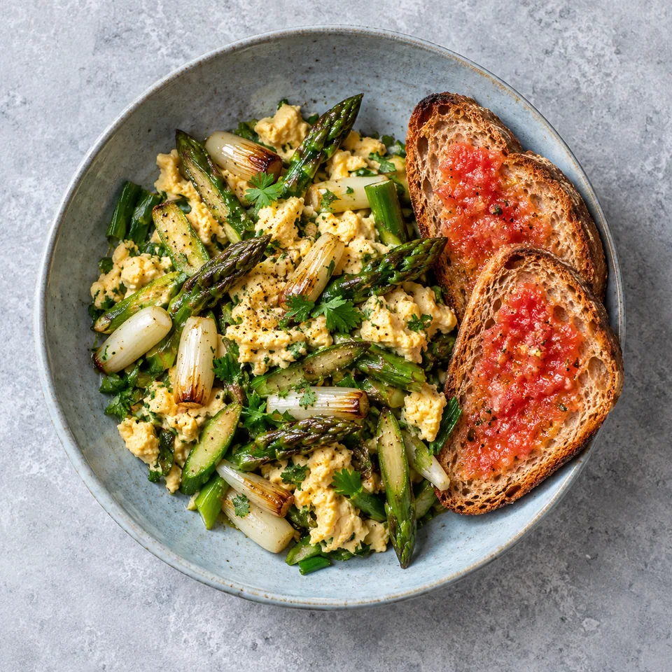Revuelto d’aillets et d’asperges vertes : œufs brouillés, asperges et pain grillé sur assiette bleue.