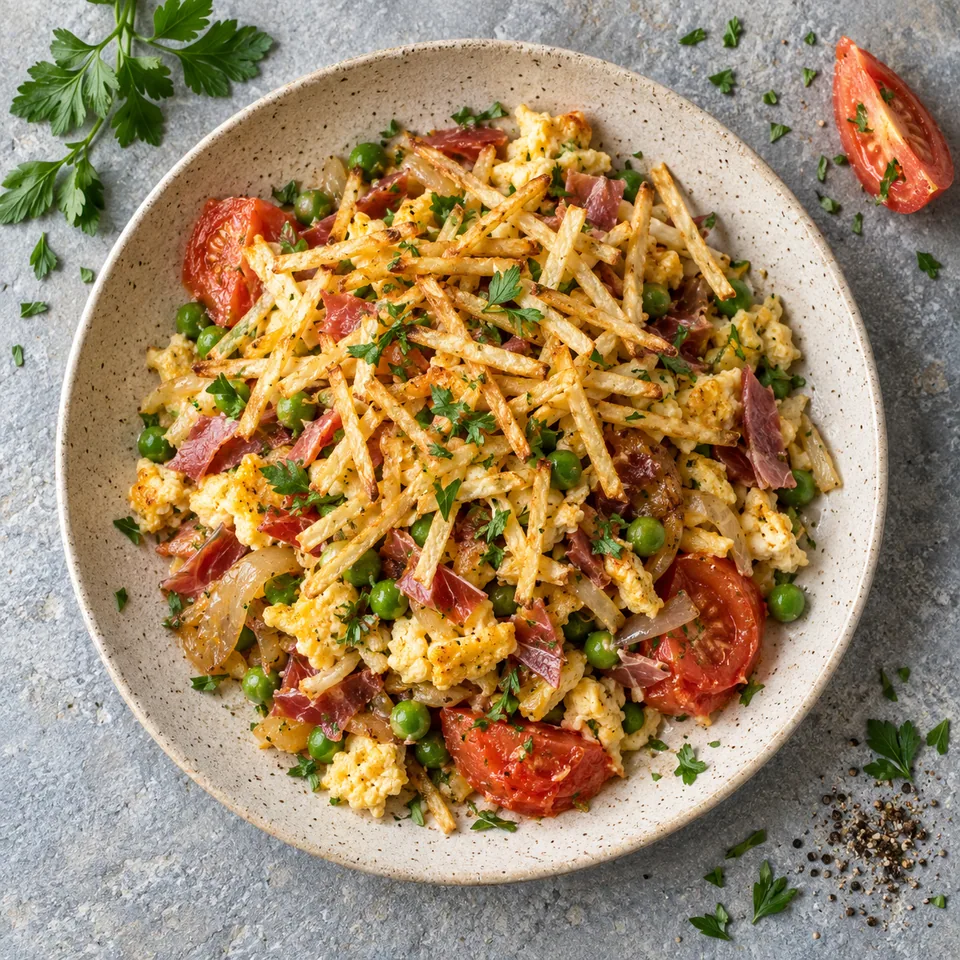 Assiette de revuelto gramajo : œufs brouillés avec jambon, petits pois, oignons, tomates et pommes paille croustillantes.