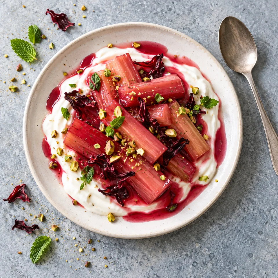 Rhubarbe pochée à l’hibiscus et yaourt : tronçons roses sur yaourt blanc dans une assiette.