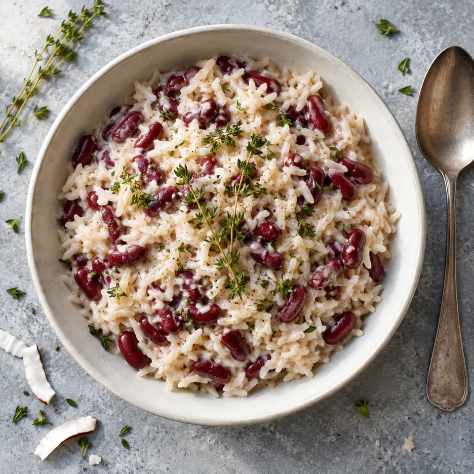 Portion de riz coco et haricots rouges jamaïcains, riz blanc tendre et haricots rouges brillants dans un bol en céramique.