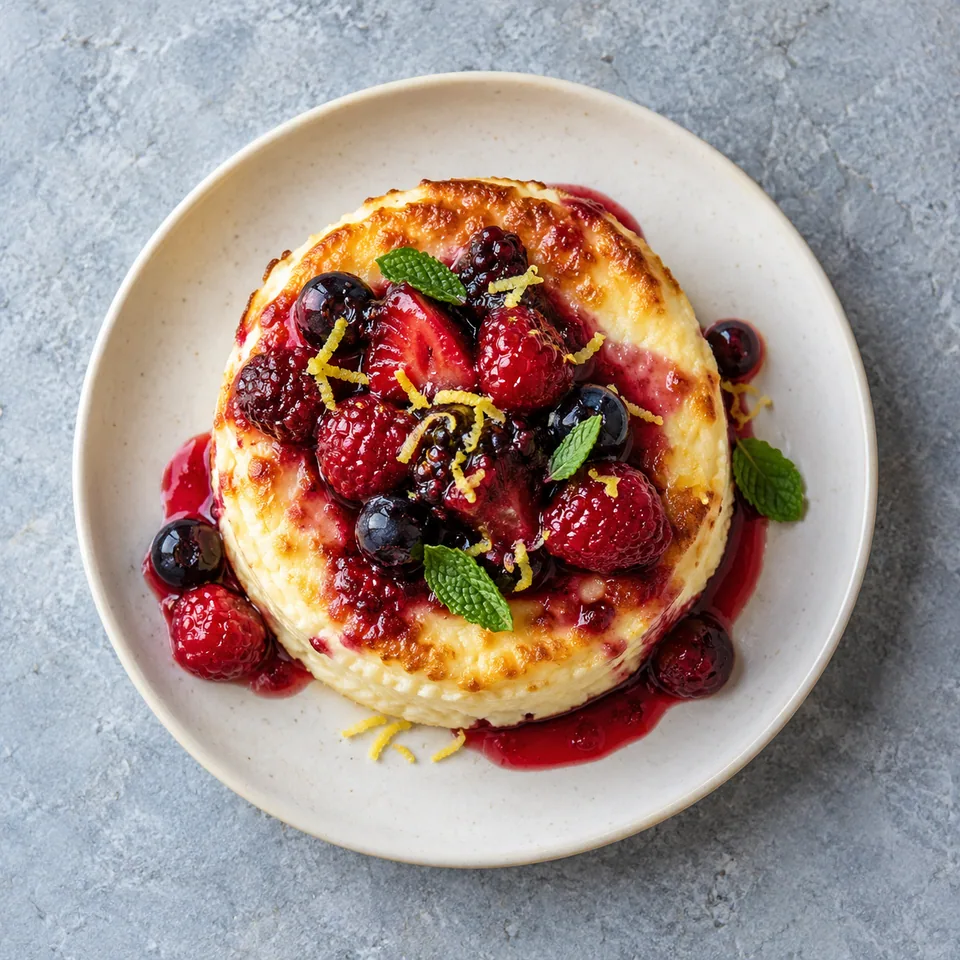 Ricotta au four, citron, miel et fruits rouges : crème dorée et lisse garnie de fruits rouges brillants sur une assiette blanche.