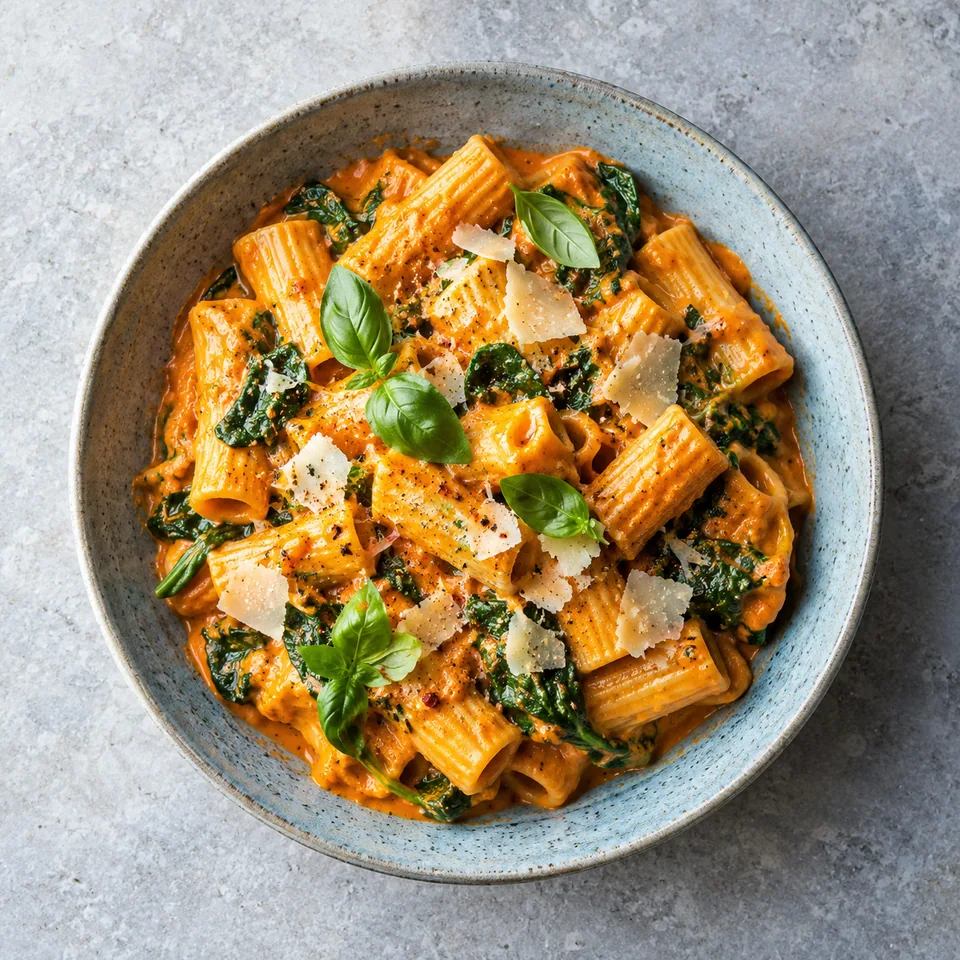 Rigatoni à la crème de poivrons rôtis sur assiette bleu-gris, sauce orange crémeuse, épinards et basilic frais.