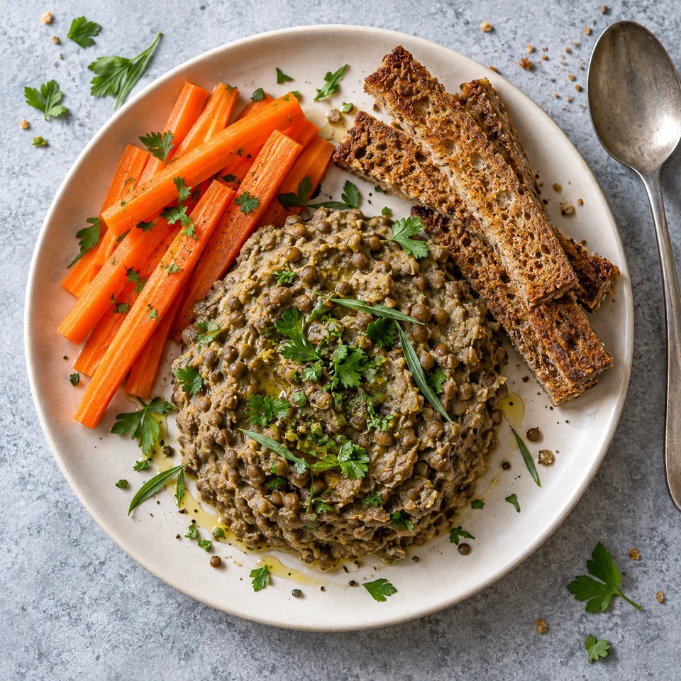 Assiette de rillettes de lentilles aux échalotes servie avec bâtonnets de carottes et mouillettes de pain de seigle grillées.