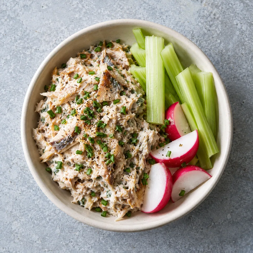 Rillettes de maquereau au fromage blanc dans un petit bol blanc cassé, accompagnées de bâtonnets de céleri et de quartiers de radis.