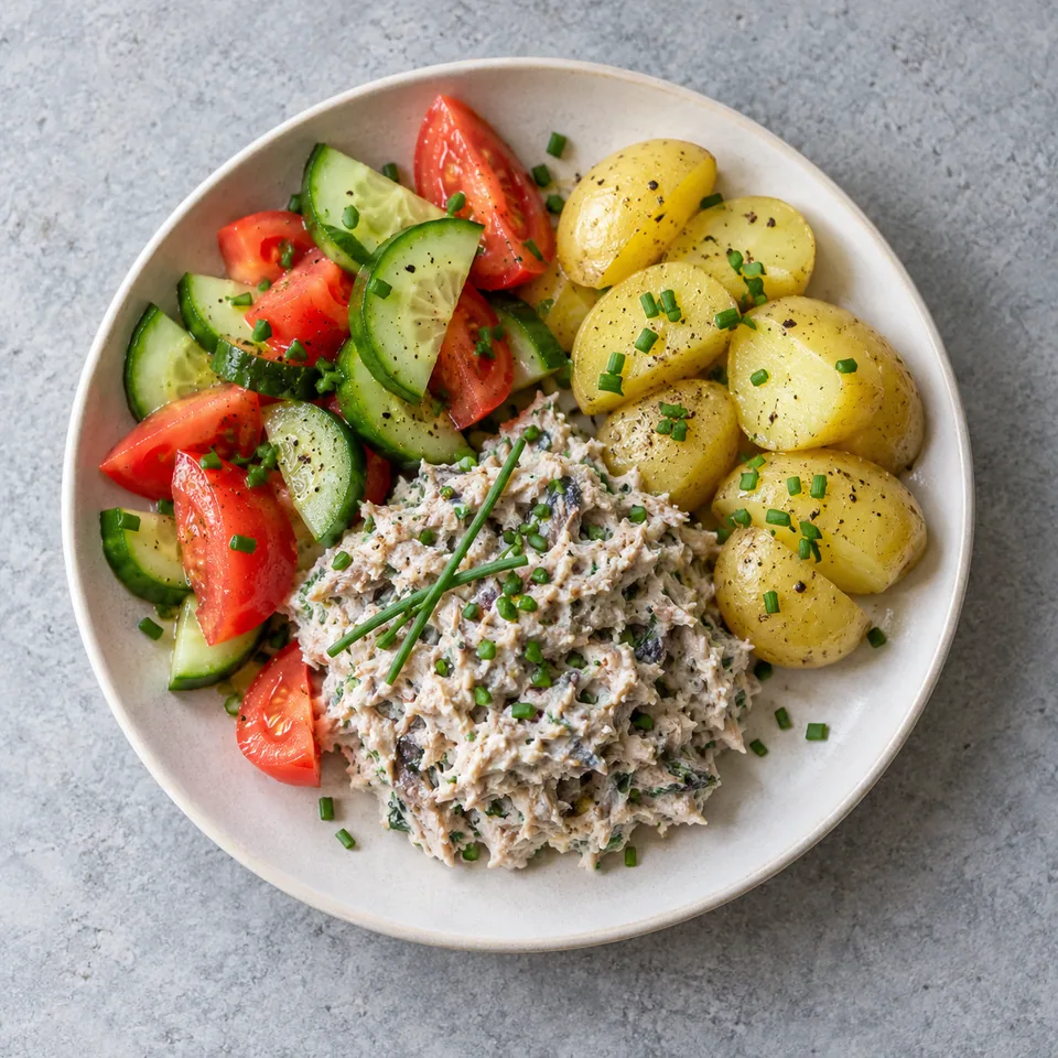 Rillettes de maquereau crémeuses avec pommes de terre cuites, morceaux de concombre et de tomate, parsemées de ciboulette.