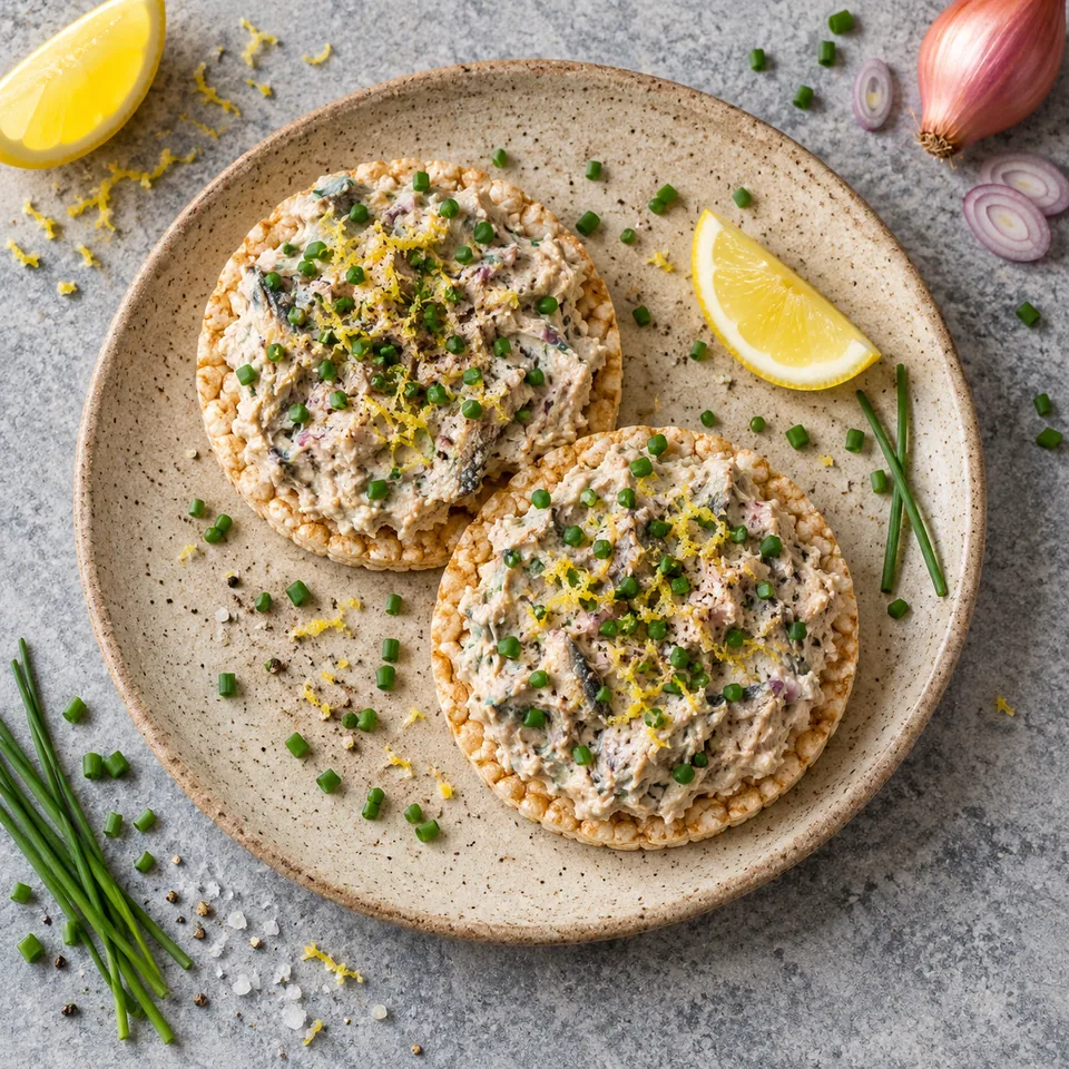 Rillettes de sardines au citron sur galettes de riz, garnies de ciboulette, sur assiette beige.