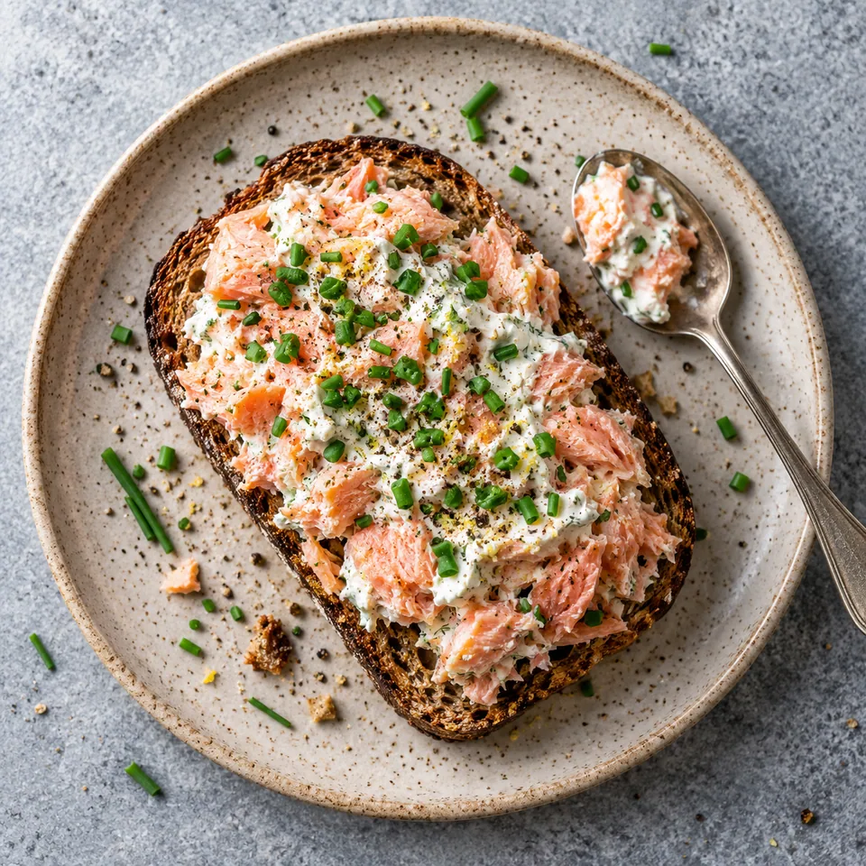 Rillettes de saumon au fromage frais sur pain de seigle grillé, garnies de ciboulette.