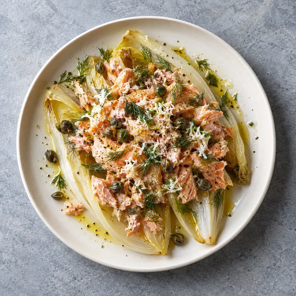 Rillettes de truite au raifort et à l’huile d’olive sur feuilles d'endive, garnies d'aneth et de câpres.