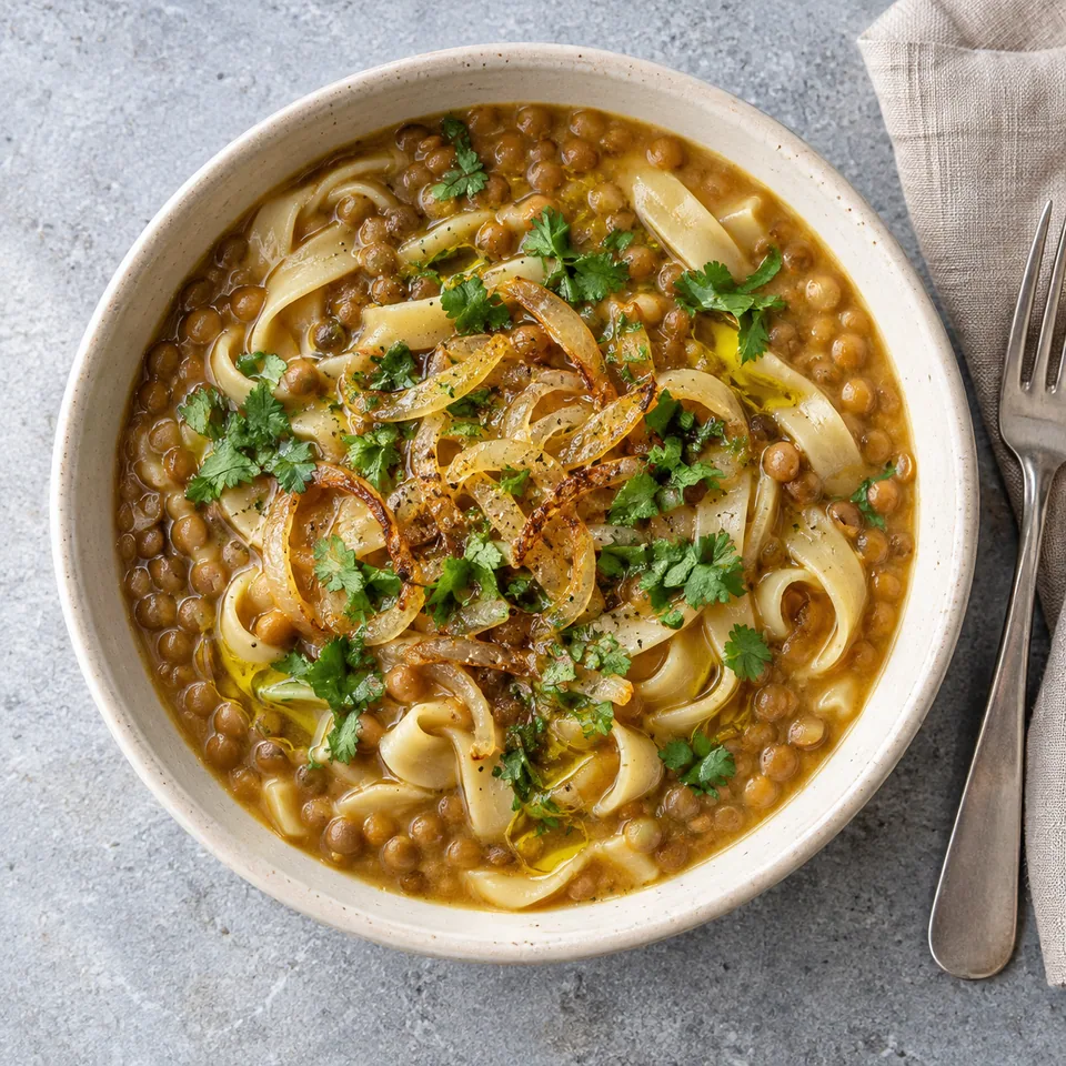 Bol de soupe libanaise aux lentilles et nouilles, garni de coriandre et d'oignons dorés.