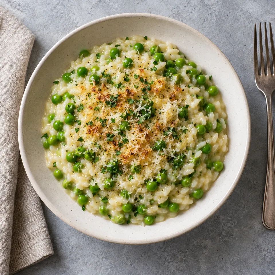 Risi e bisi : portion de risotto crémeux aux petits pois verts dans un bol blanc, parsemé de persil.