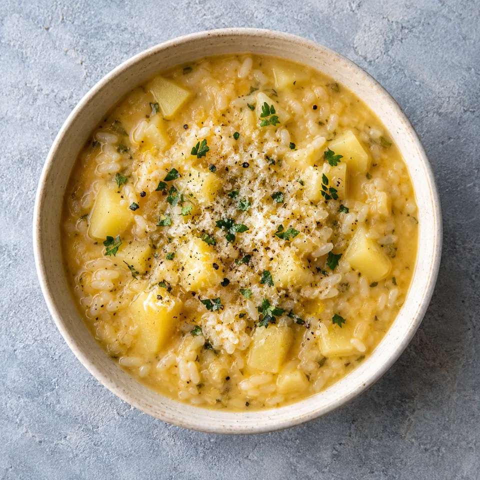 Riso e patate, soupe napolitaine au riz et pommes de terre dans un grand bol en grès crème, texture crémeuse et ingrédients visibles.