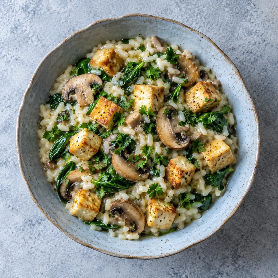 Risotto aux épinards, champignons et tofu doré dans un bol en grès bleu-gris, garni de persil.