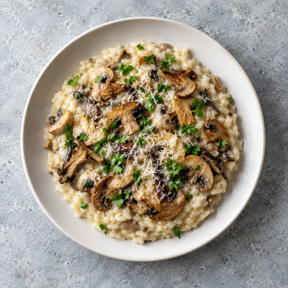 Assiette de risotto crémeux aux champignons dorés et persil vert, servi en portion individuelle.