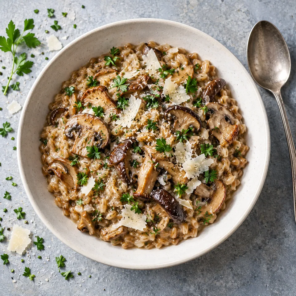 Bol de risotto à l'épeautre aux champignons, garni de persil et de copeaux de fromage, vue de dessus.