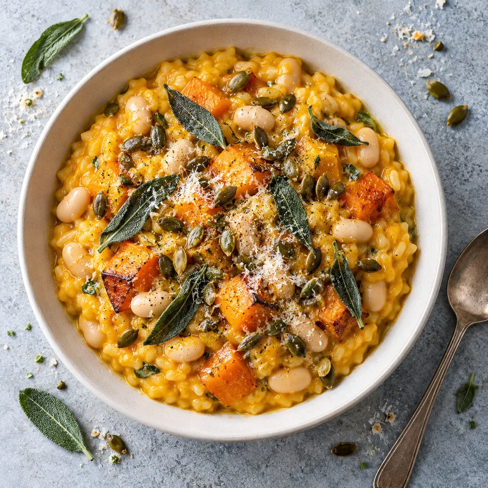 Bol de risotto crémeux au potimarron et haricots blancs, parsemé de sauge et de graines de courge grillées.