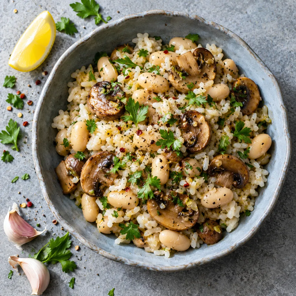Bol de riz à l'ail, champignons et haricots blancs, garni de persil, vue de dessus.