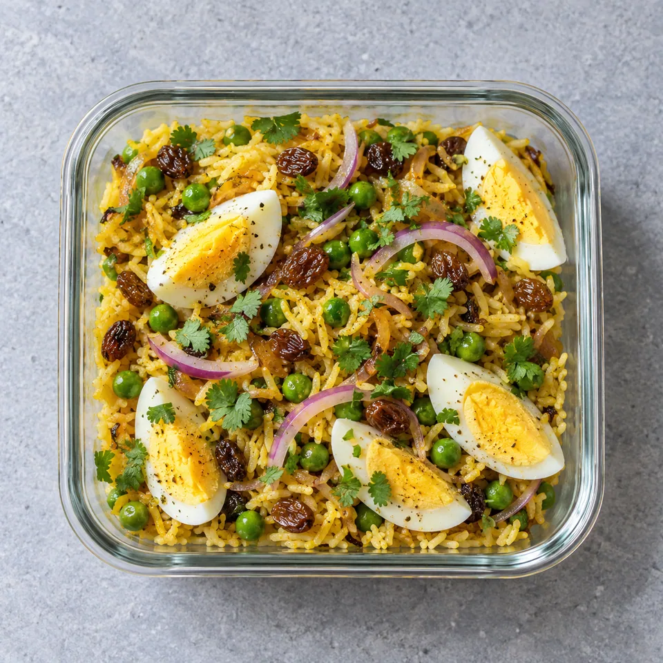 Riz à l’indienne dans un contenant en verre : riz jaune, petits pois verts, œuf dur coupé en quartiers, raisins secs et coriandre fraîche.