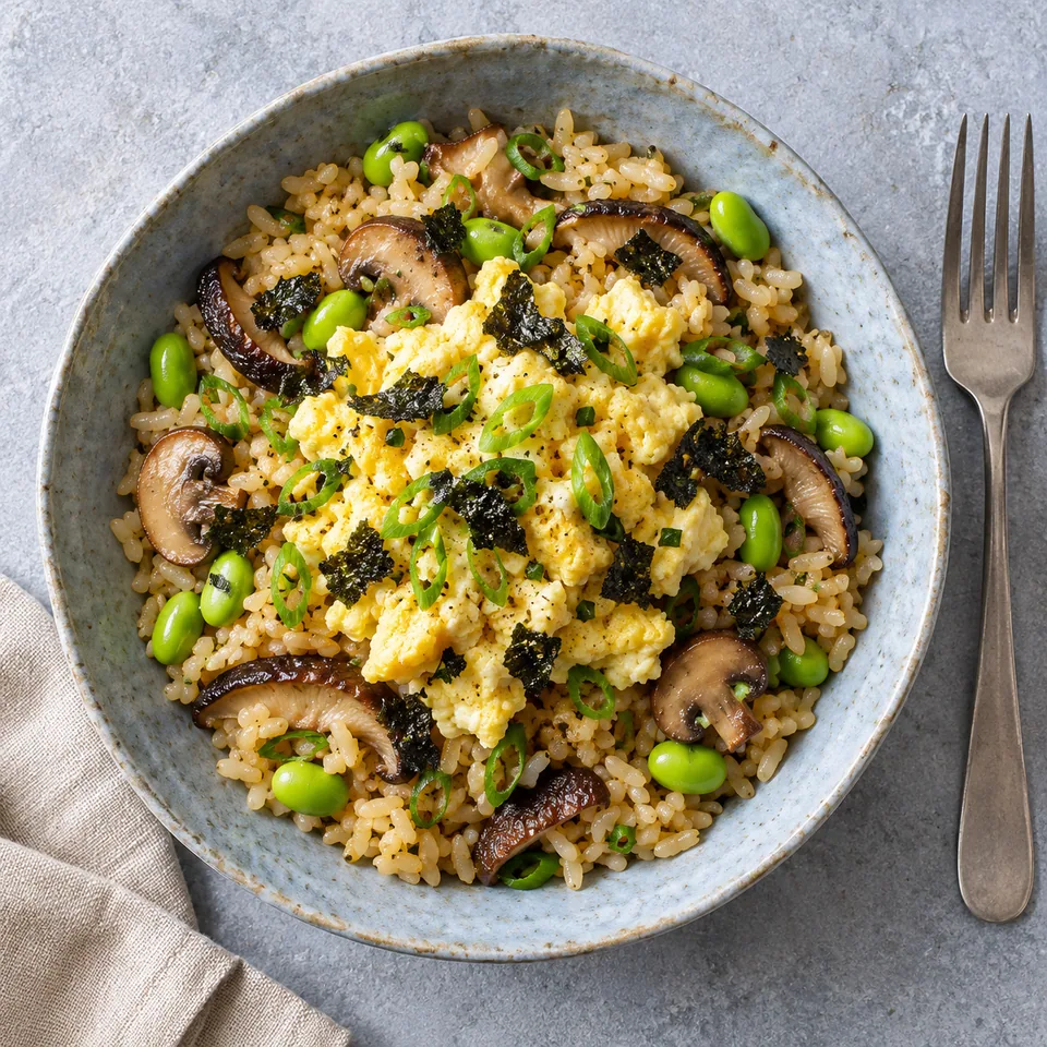 Bol de riz au beurre aux shiitakés, fèves de soja et œuf brouillé bien cuit, garni de ciboule et nori.