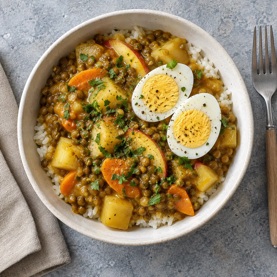 Bol de riz au curry japonais aux lentilles, pommes de terre, carotte, pomme et deux moitiés d'œuf dur.
