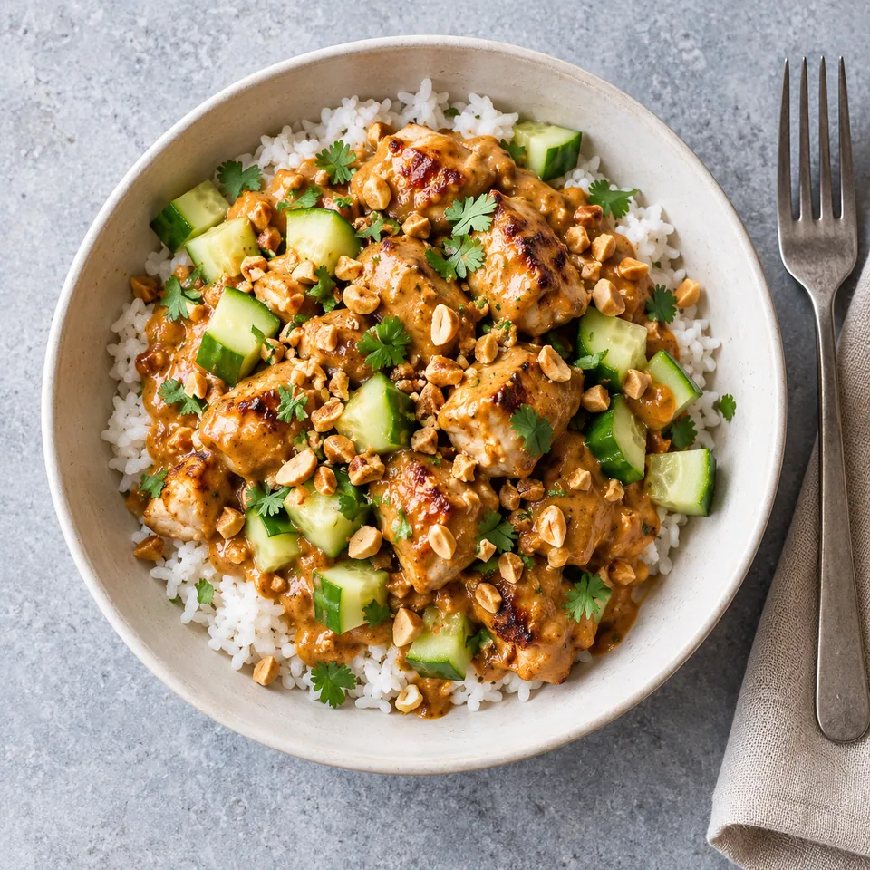 Bol de riz au poulet satay, sauce cacahuète crémeuse, dés de concombre et cacahuètes concassées.