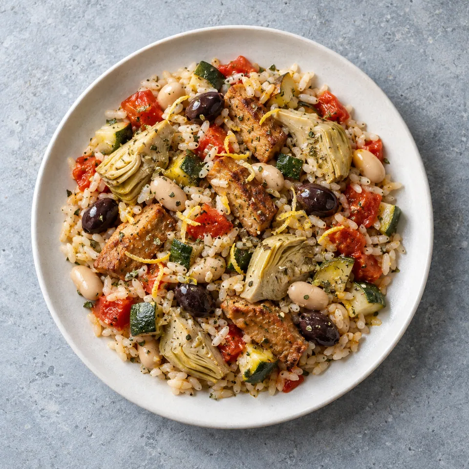 Riz aux légumes, artichauts et seitan : riz garni de courgette, tomate, seitan doré, haricots blancs, artichauts et olives.