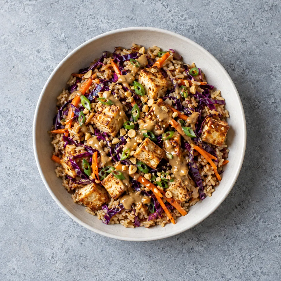 Riz complet sauté au tofu, chou rouge émincé et lamelles de carotte, nappés d’une sauce cacahuète citronnée.