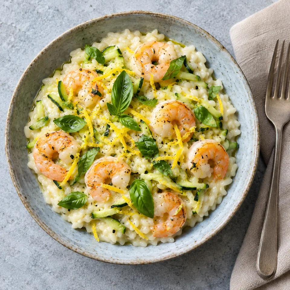 Bol de riz crémeux au citron, crevettes roses et courgettes râpées vertes, parsemé de basilic.