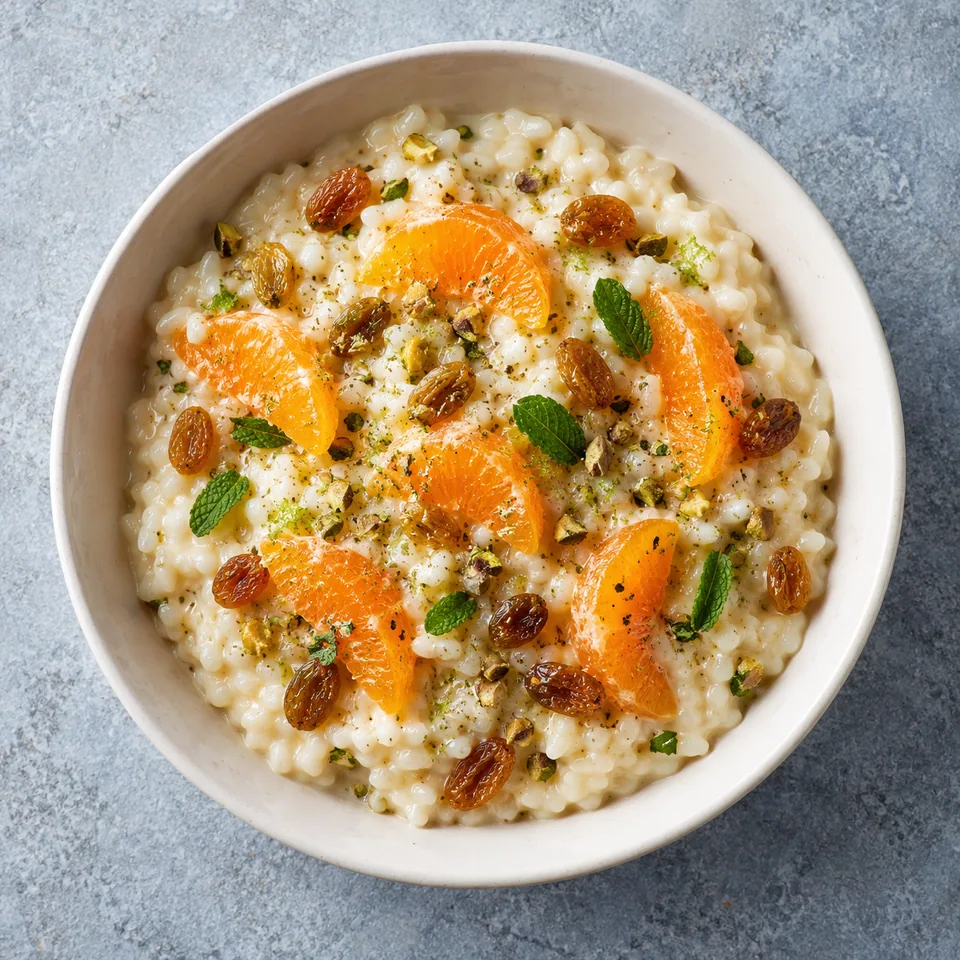 Bol de riz crémeux coco et cardamome garni de suprêmes de clémentines et de raisins secs.