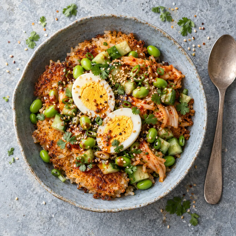 Bol de riz croustillant doré avec œufs cuits, edamame verts, concombre et sauce, sur fond bleu-gris.