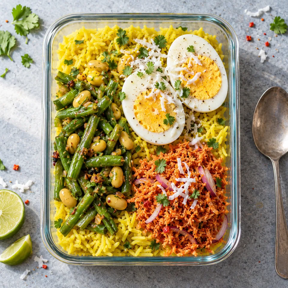 Riz curcuma, pol sambol et œufs durs dans une boîte en verre : riz jaune, légumes verts, sauce rouge et œufs coupés.