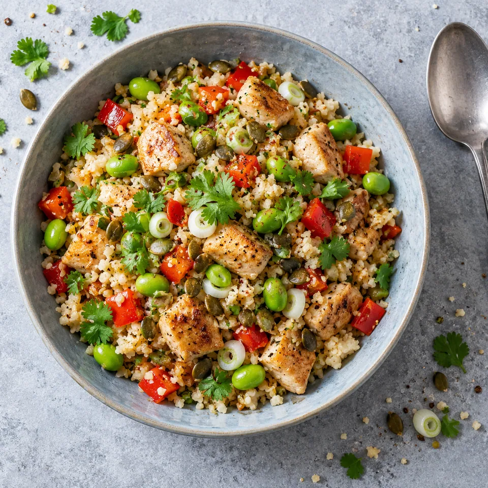 Portion de riz de chou-fleur sauté à la dinde avec poivron, edamame et graines de courge sur assiette bleue.