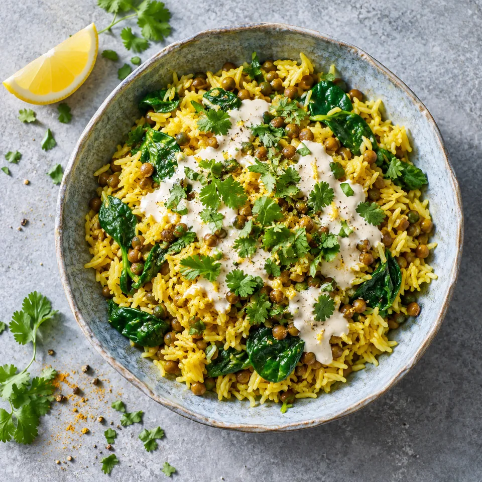 Bol de riz et lentilles au curcuma aux épinards, nappé de sauce citronnée et coriandre fraîche.