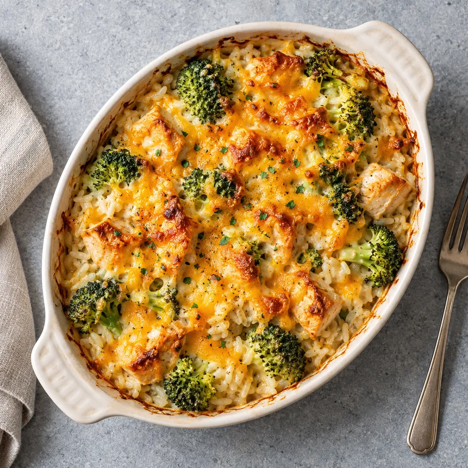 Portion de riz gratiné au brocoli, poulet et cheddar dans un plat ovale blanc cassé, avec une surface dorée et croustillante.