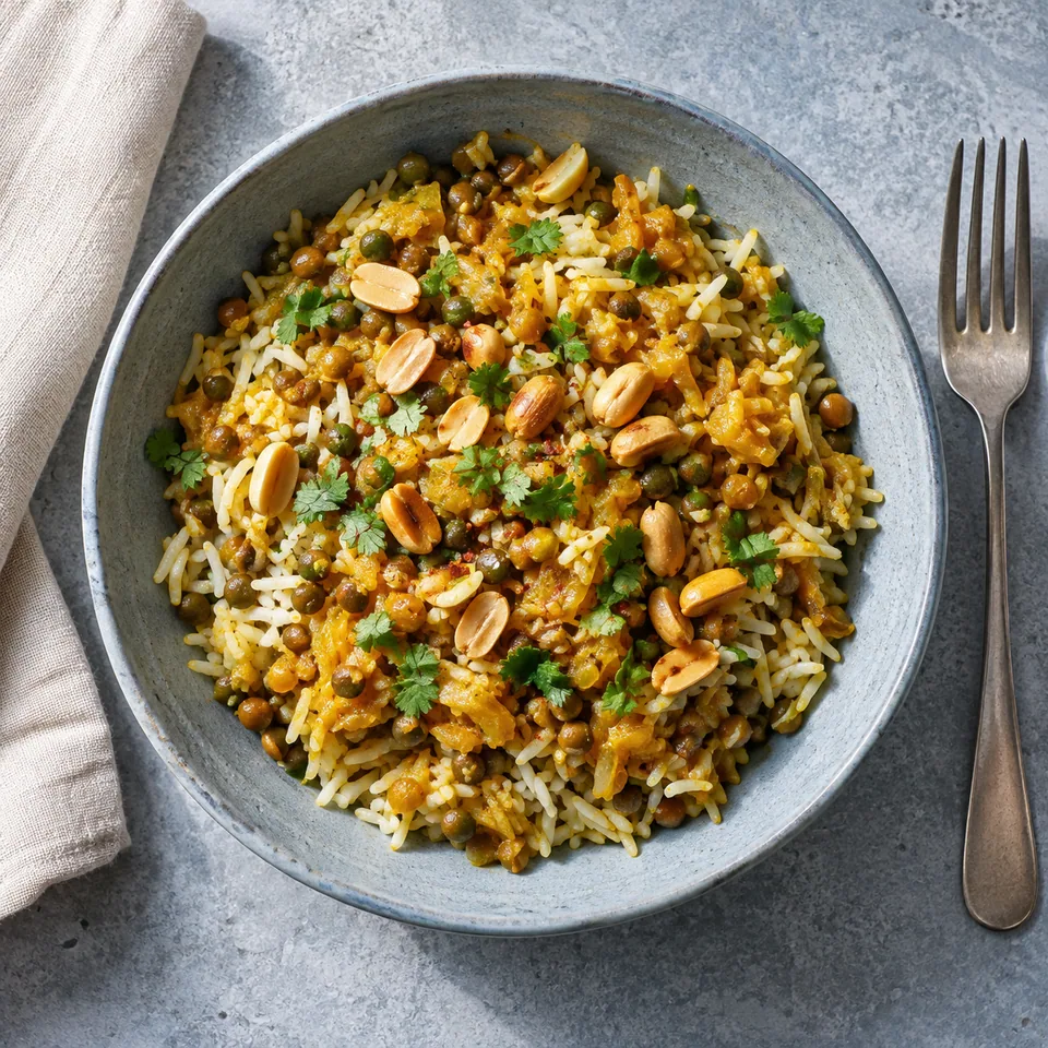 Assiette creuse bleu-gris contenant une portion de riz indien aux lentilles, sauce brillante et cacahuètes grillées dorées.