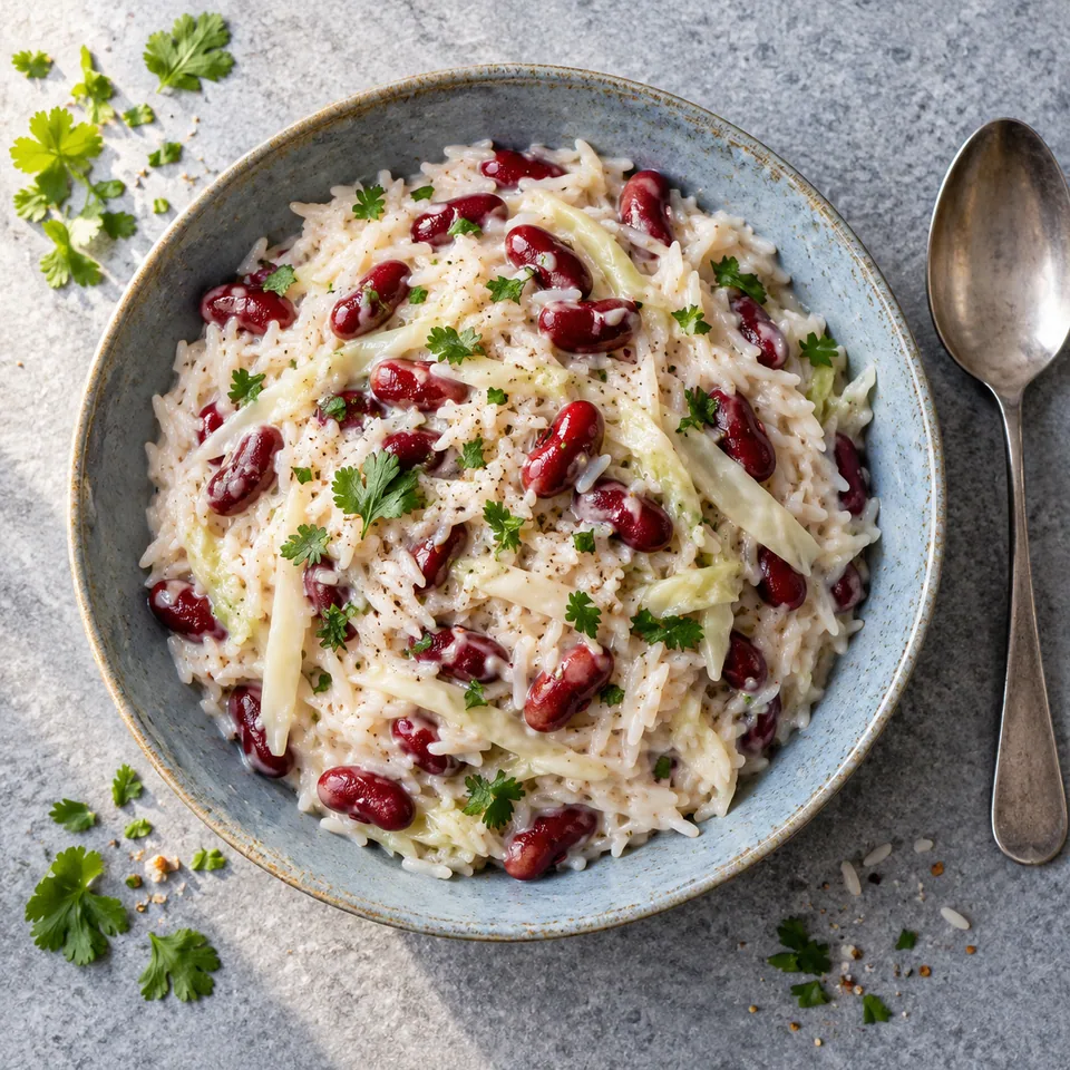 Assiette creuse bleue-gris contenant une portion de riz jamaïcain aux haricots rouges et chou blanc nappé de lait de coco.