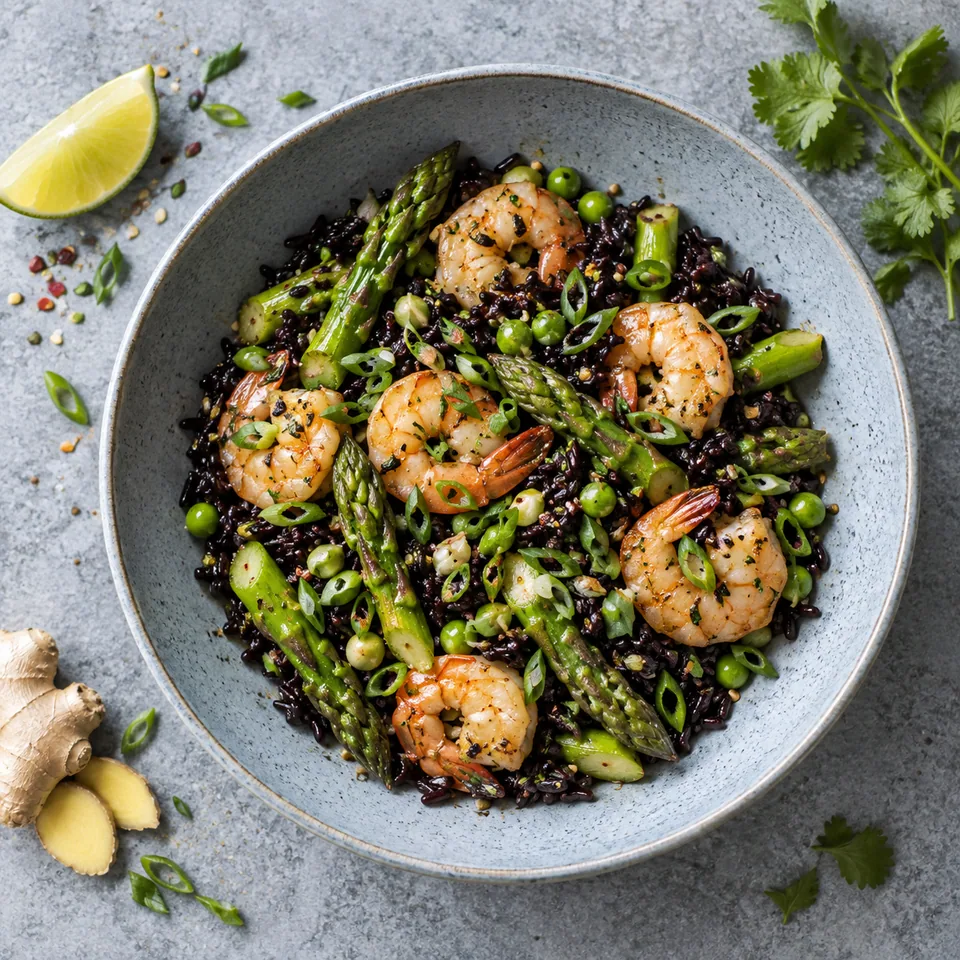 Riz noir aux asperges et crevettes au gingembre servi dans une assiette creuse bleu-gris pâle.