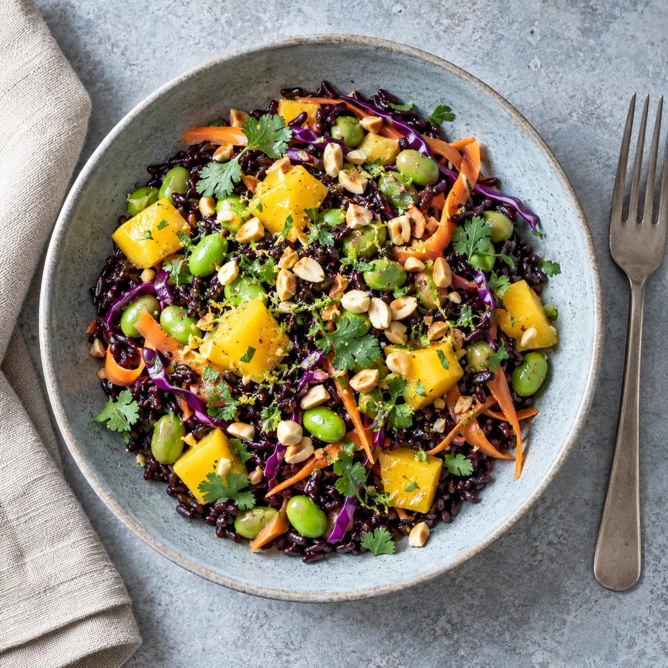 Assiette de riz noir aux edamame, mangue et chou rouge, garni de carottes râpées et cacahuètes.