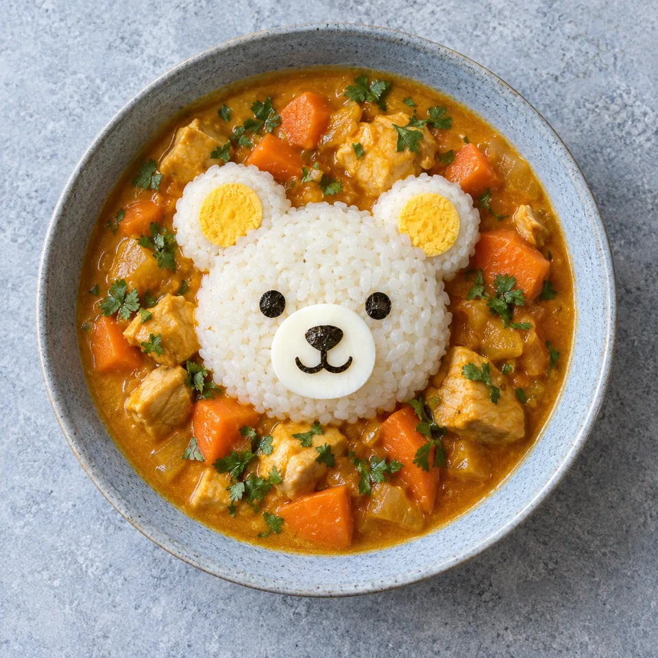Riz ourson dans un curry doux de poulet et carottes : tête de riz blanc décorée d'algue et d'œuf, nappée de curry orange aux légumes.