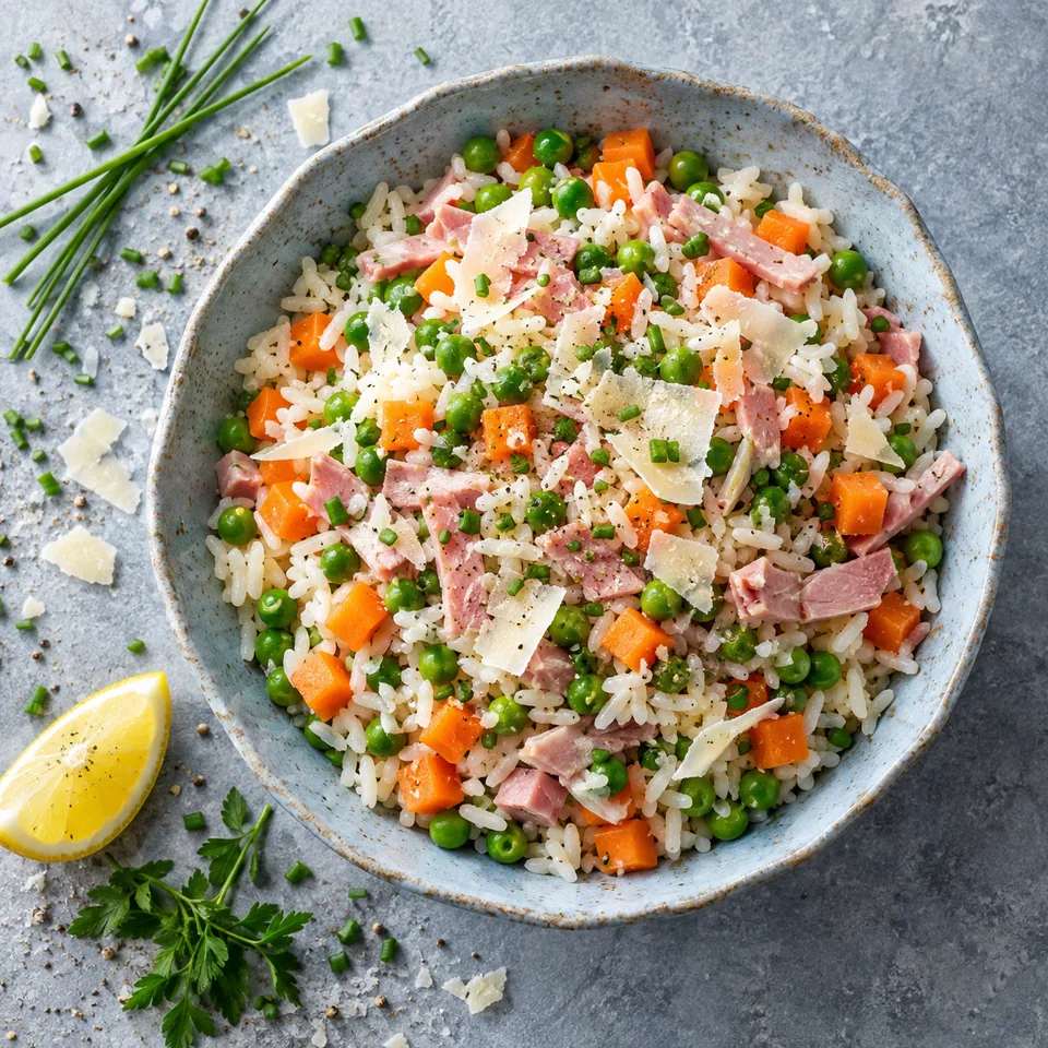 Bol de riz printanier au jambon et petits pois, garni de parmesan et ciboulette.