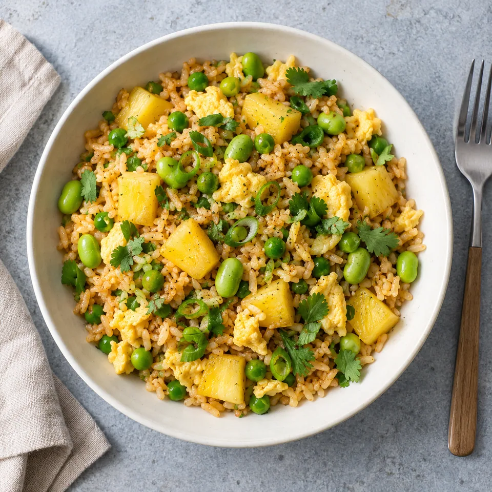Bol de riz sauté à l'ananas aux œufs, edamame et coriandre sur fond blanc cassé.