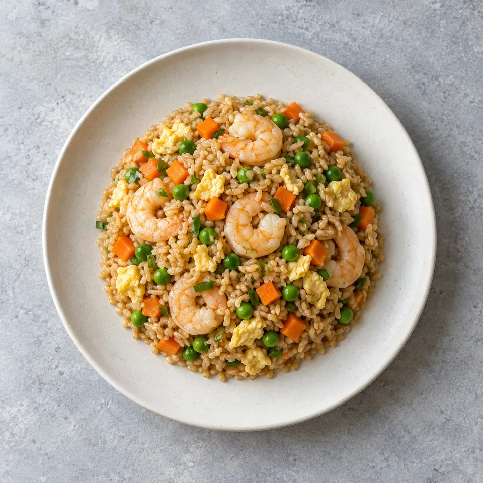 Riz sauté aux crevettes et légumes : riz complet avec crevettes, petits pois, dés de carotte et morceaux d’œuf.