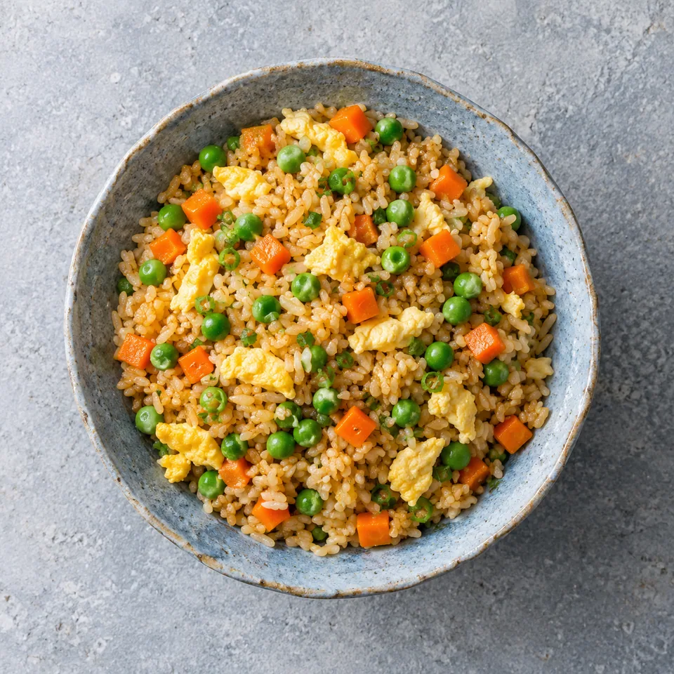 Bol de riz sauté aux œufs, carottes et petits pois, grains dorés et légumes colorés.