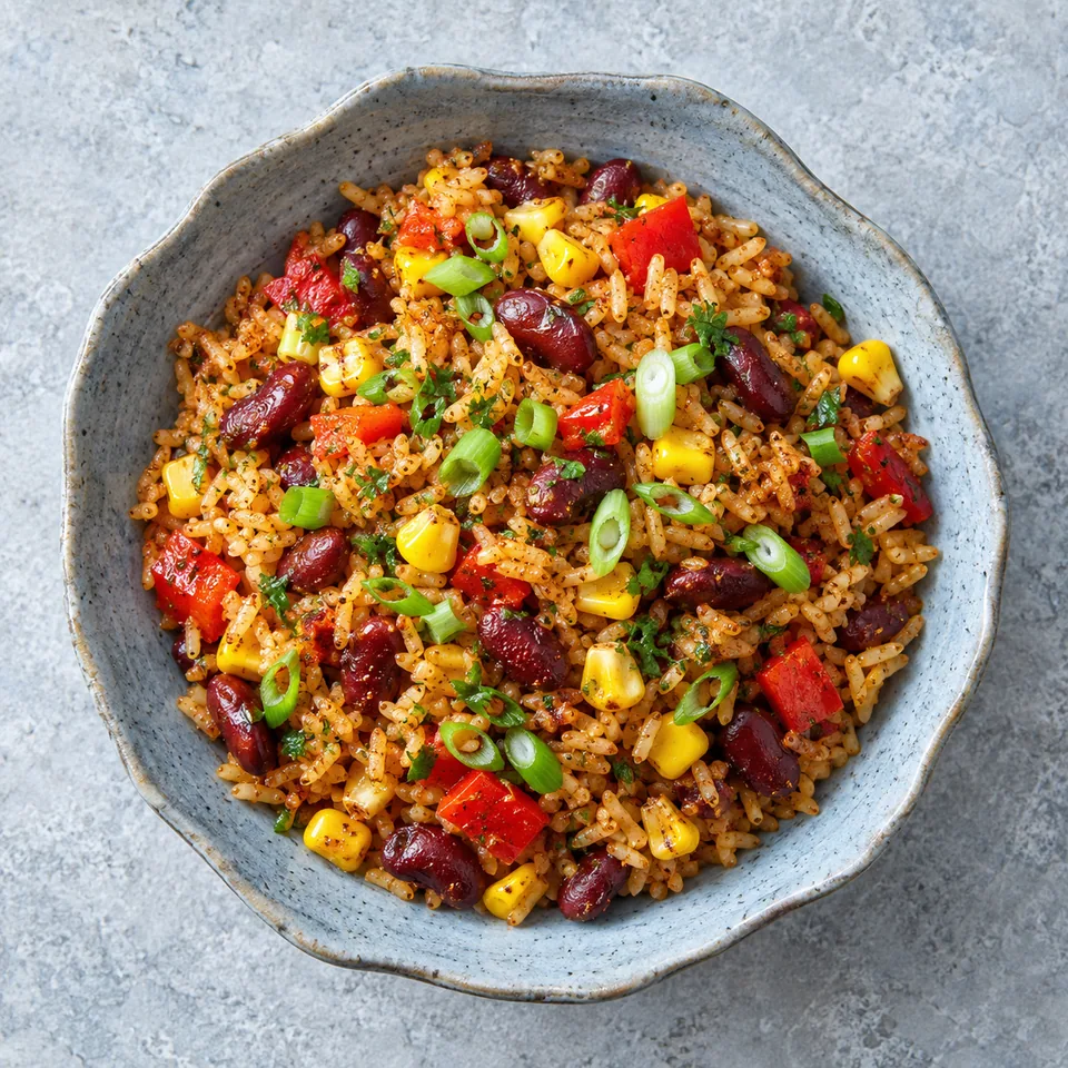 Riz sauté cajun aux haricots rouges, maïs et poivrons servi dans un bol en grès bleu-gris.