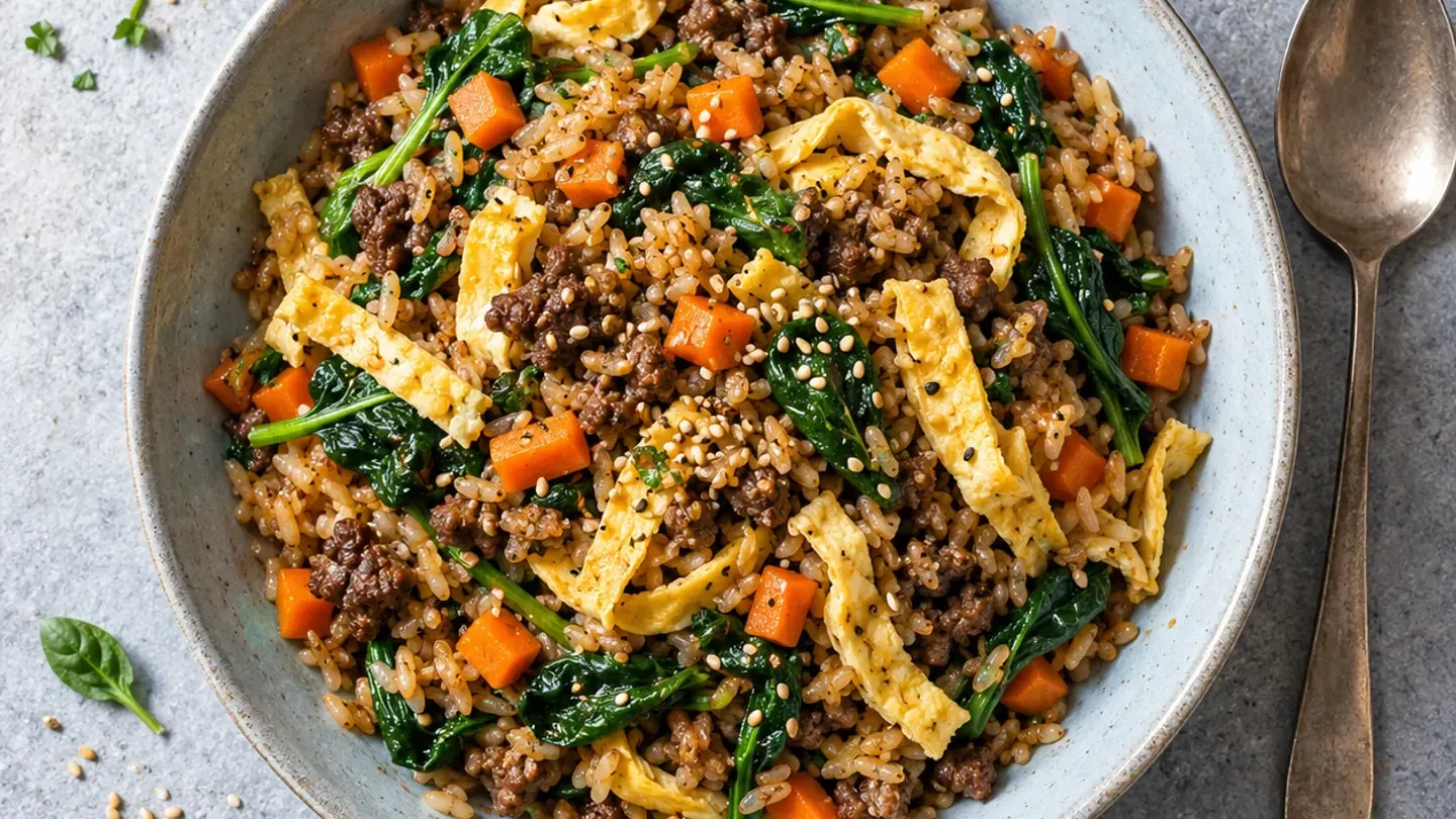 Riz sauté coréen au bœuf, épinards et omelette
