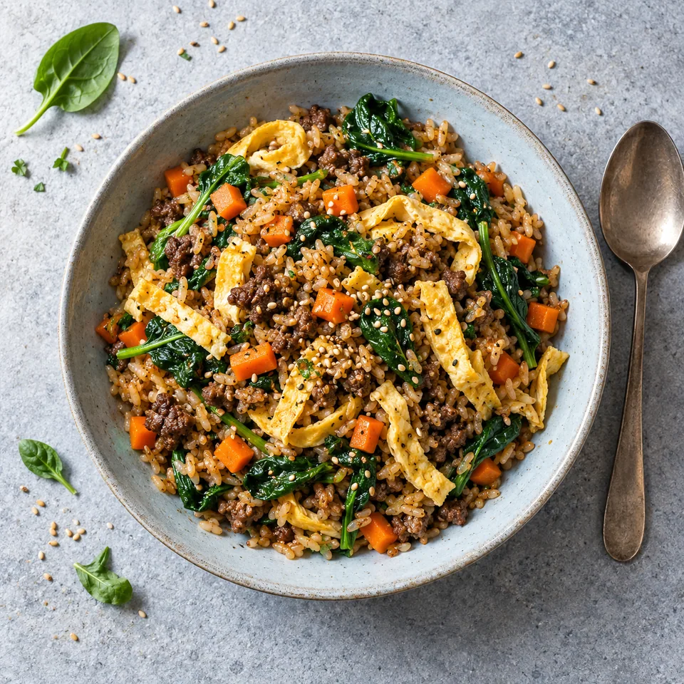 Riz sauté coréen au bœuf, épinards et omelette servi sur une assiette creuse bleu-gris pâle.