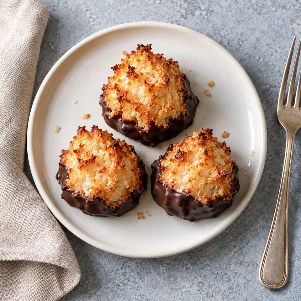 Trois rochers coco au chocolat noir sur une assiette blanche, avec des pointes dorées et une base enrobée de chocolat brillant.