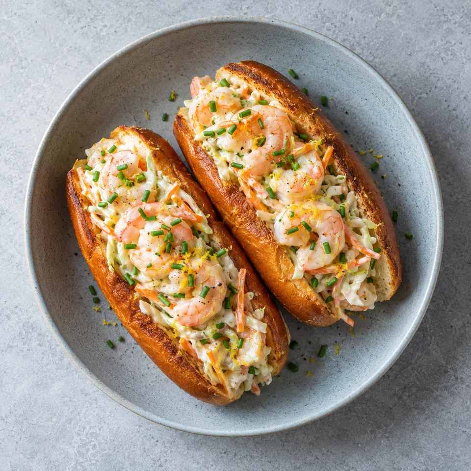 Rolls chauds aux crevettes citronnées : pains briochés dorés garnis de salade blanche et crevettes roses sur assiette bleue.