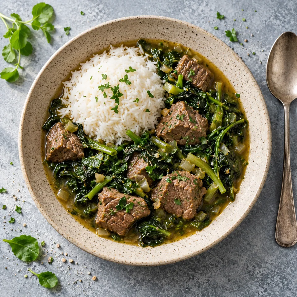 Romazava : riz en dôme, cubes de bœuf tendre et légumes verts mijotés dans un bouillon doré sur assiette beige.