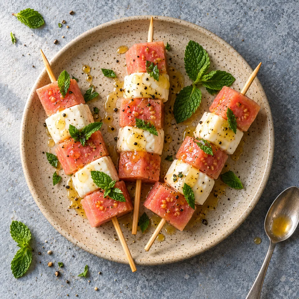 Romeu e Julieta, brochettes de goyave et mozzarella sur assiette beige sable